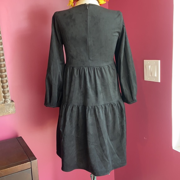 Zara Faux Suede Long Sleeve Ruffle Puff Sleeve Black Dress XS - Picture 6 of 9